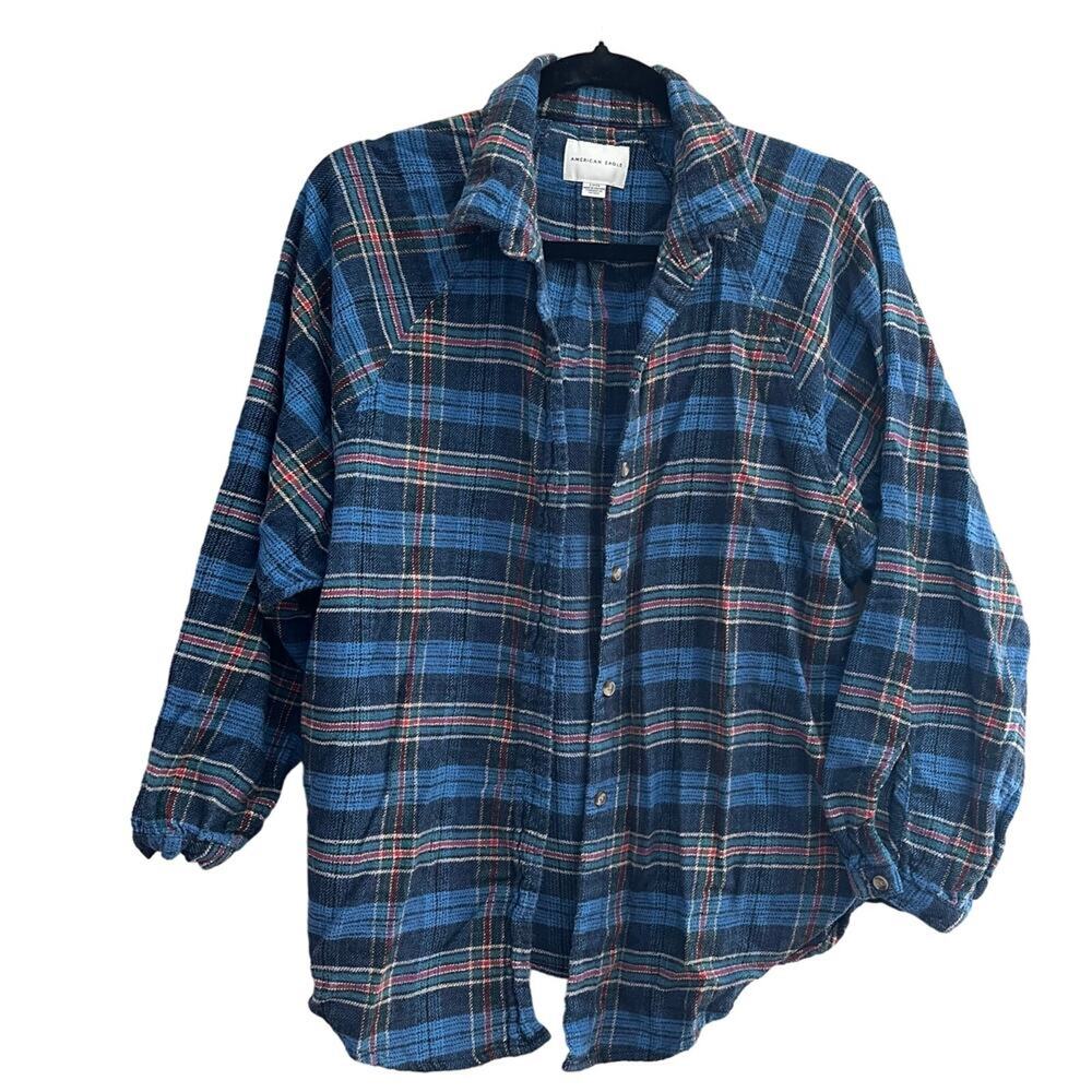 American Eagle Women’s Blue Plaid Flannel Shirt Size Small